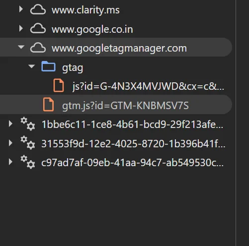 Browser network panel before the upgrade, listing gtm.js for the GTM container and a separate gtag/js file for the GA4 ID