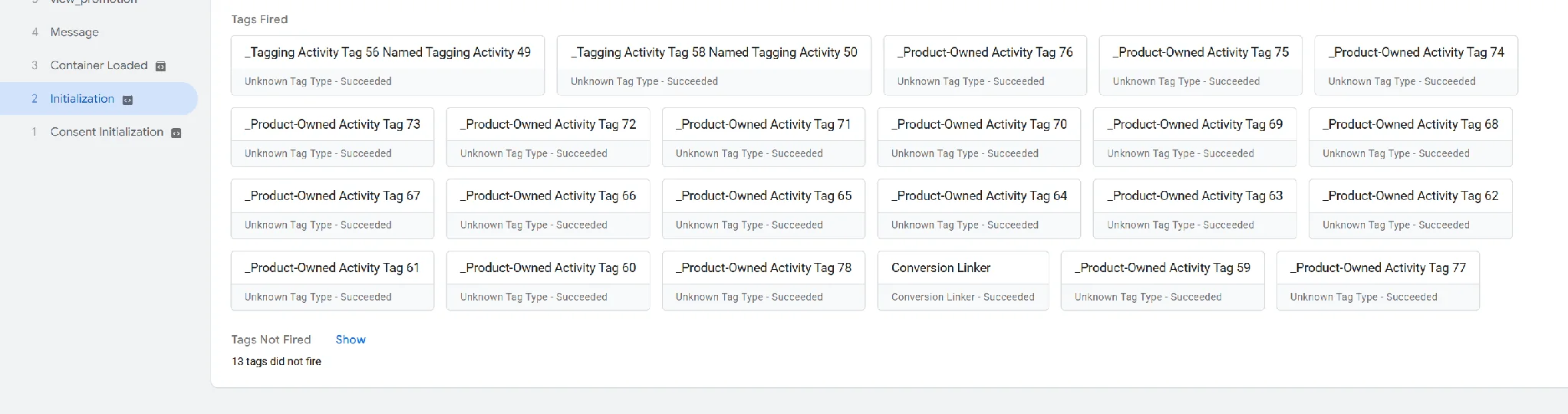 Tag Assistant Preview showing about twenty unknown tags fired on Initialization after the upgrade