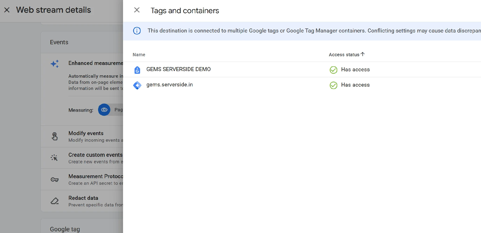 GA4 tag settings listing both the Google tag and the GTM container for the same stream, with a conflicting settings warning