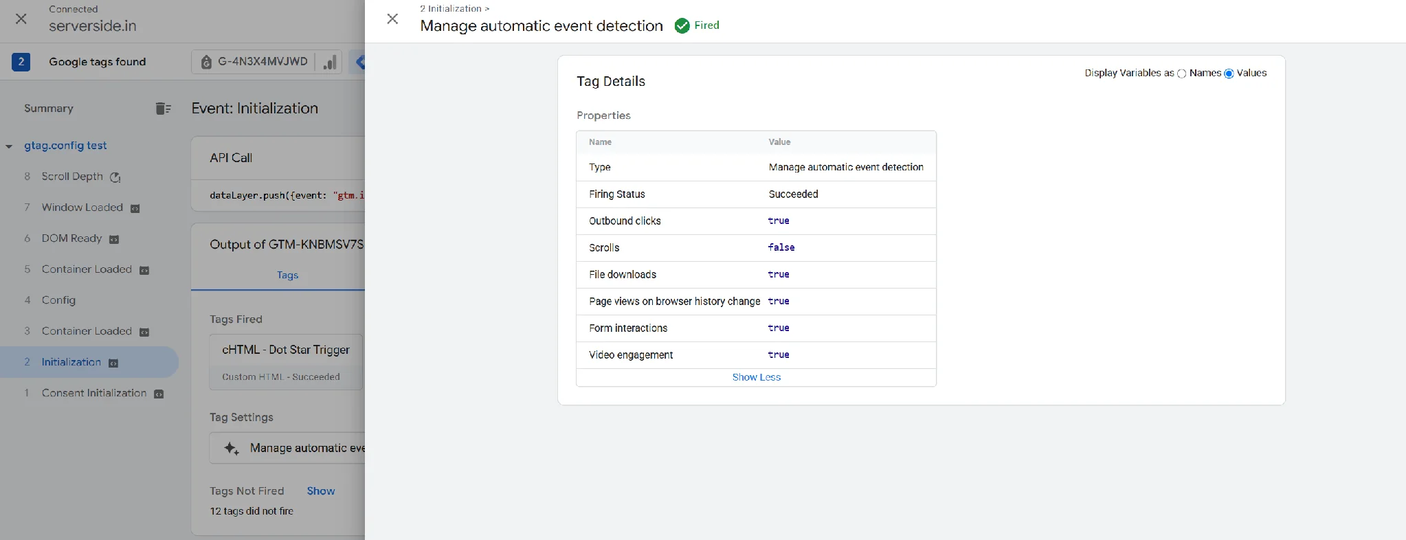 The container's automatic event detection settings with Scrolls switched off