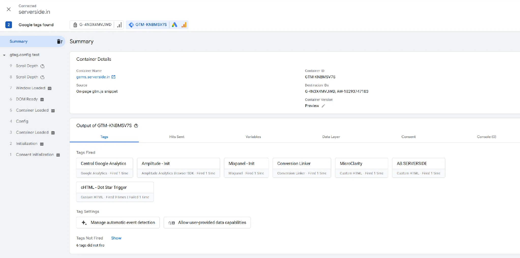 Preview with a pasted Google tag: two Container Loaded entries and a Config entry between them