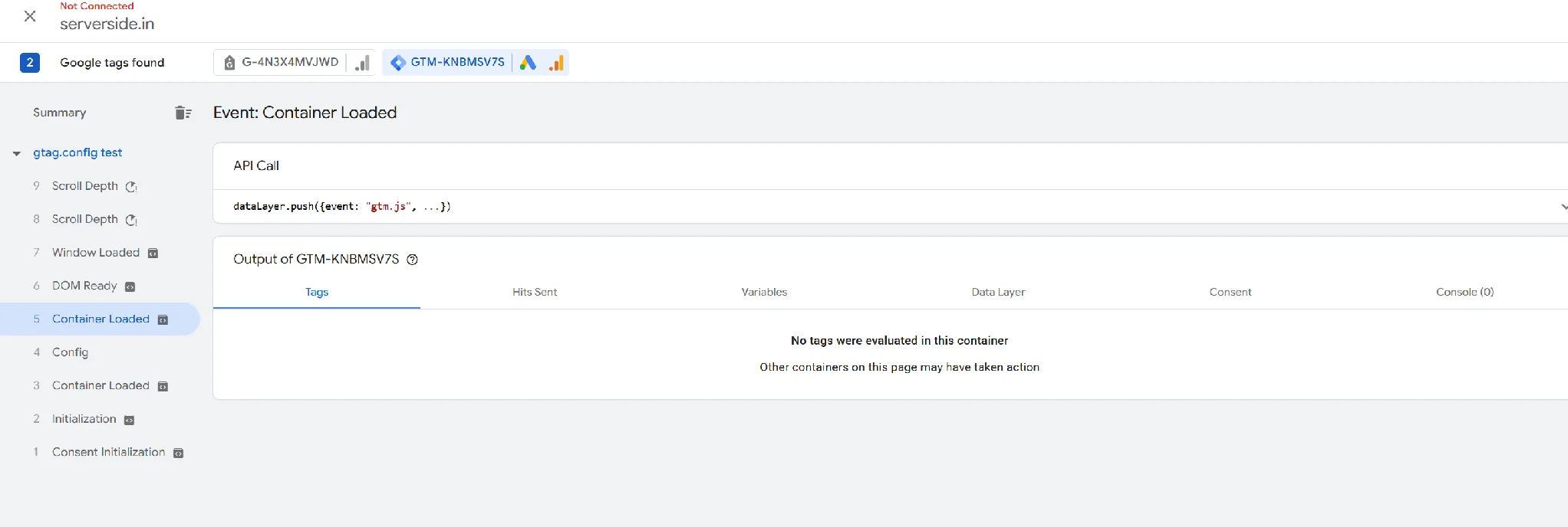 The second Container Loaded entry, which belongs to the pasted Google tag and not to the container