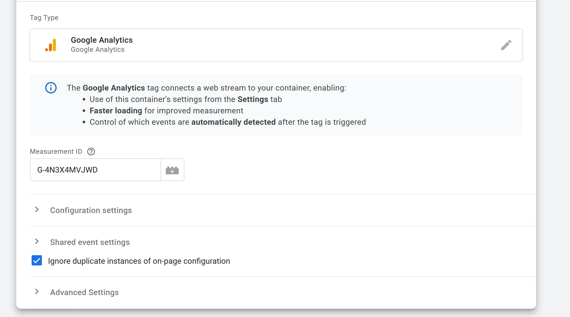 The Ignore duplicate instances of on-page configuration checkbox on the Google Analytics destination tag