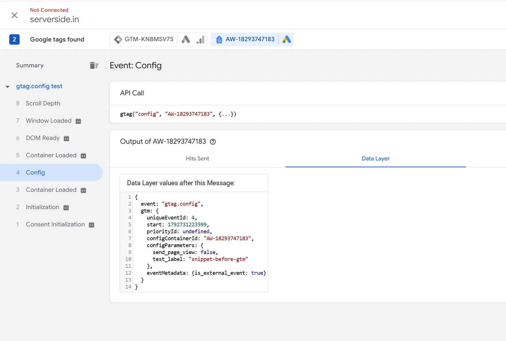 The Data Layer tab of the Config event in Preview, showing gtag.config, configContainerId and configParameters