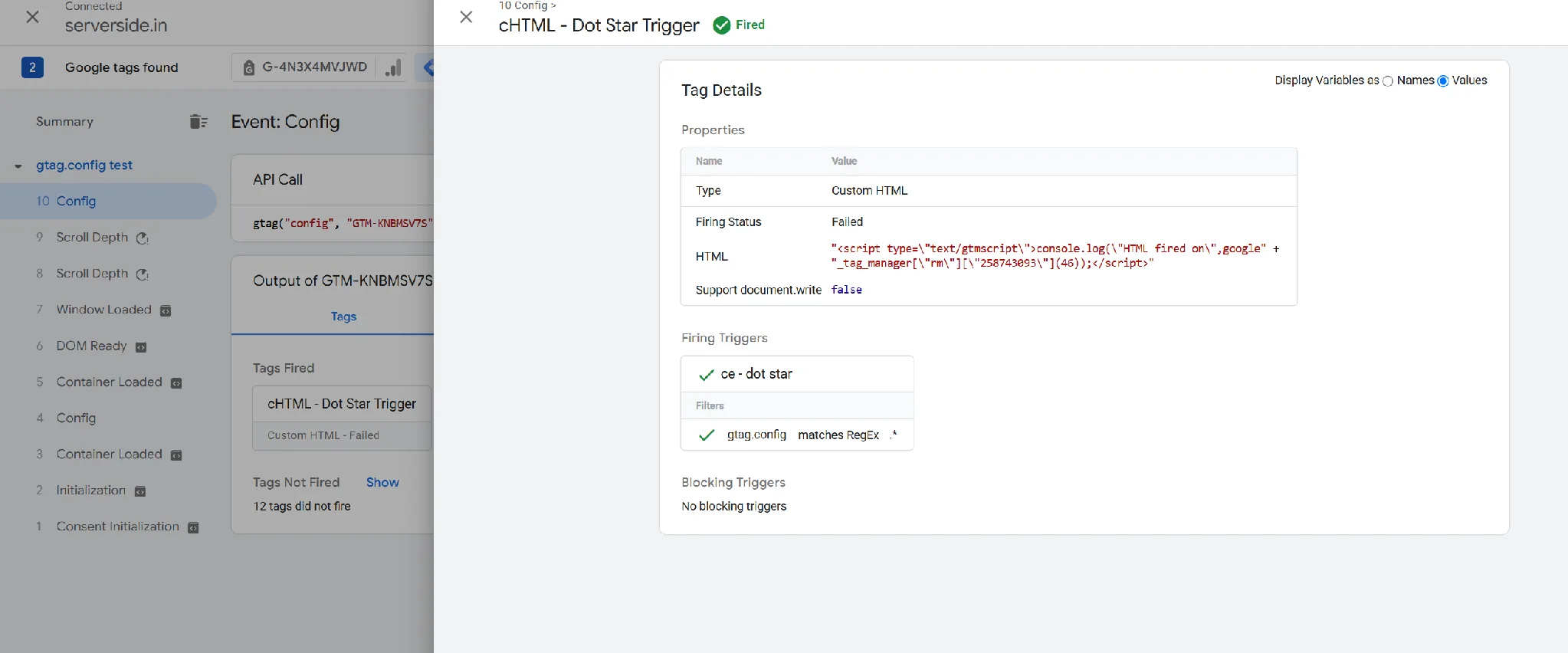 The Custom HTML tag on the Config event: the trigger matched but the tag shows Failed