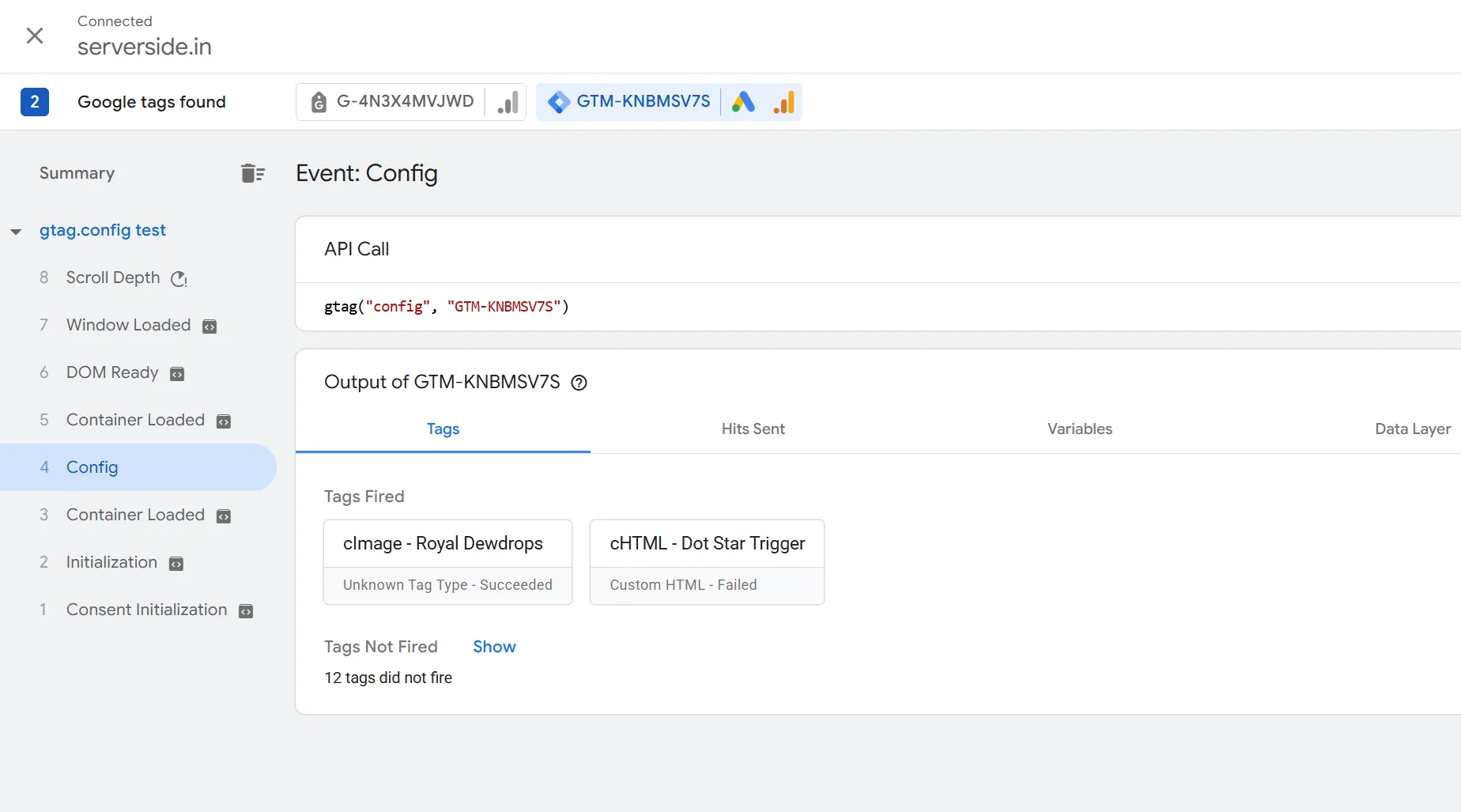 On the same Config event, the Custom Image tag succeeded while the Custom HTML tag failed