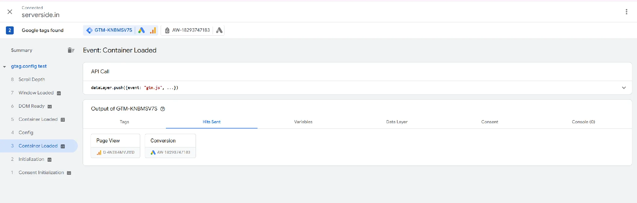 The Hits Sent tab after the upgrade, showing the GA4 page view and the Google Ads conversion sent once each